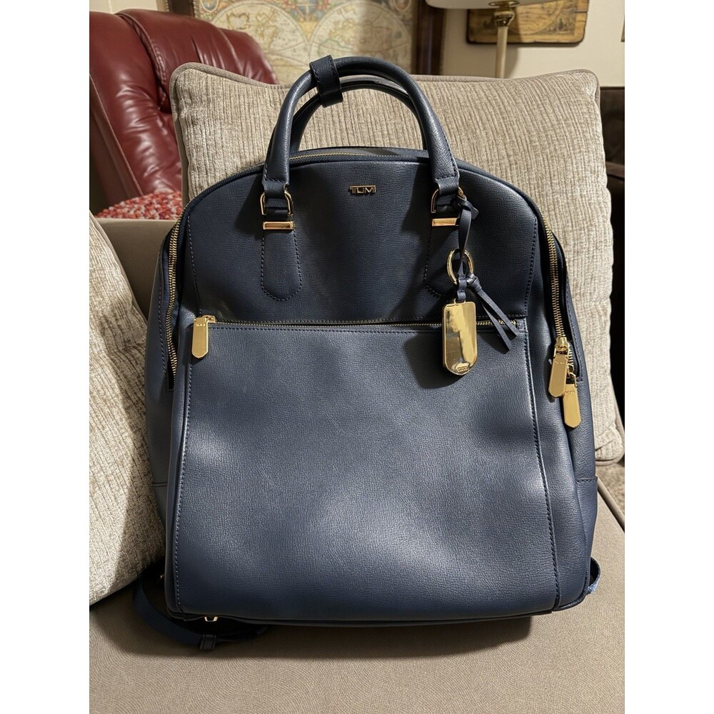 TUMI Navy Blue Leather Backpack Laptop Travel Carry-On Gold Hardware